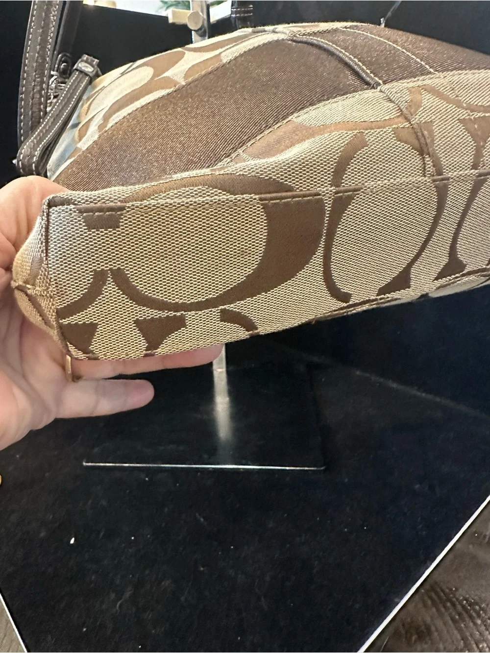 Coach #340 Stripe Brown Signature Canvas and Leather Crossbody